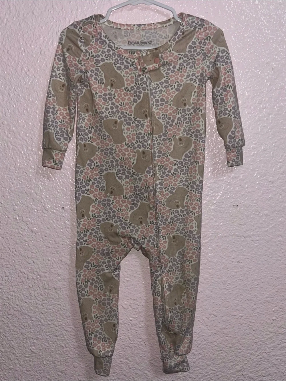 BearPaw Beige and Pink Floral Bear One-Piece Footie Pajamas